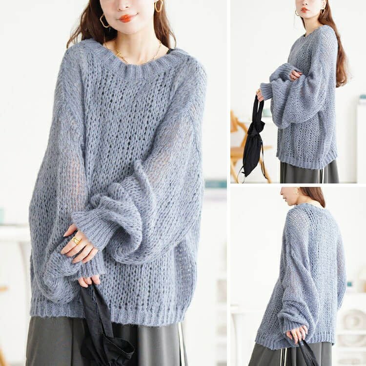 大きいサイズ レディース ボリューム袖オーバーサイズローゲージニット jp569