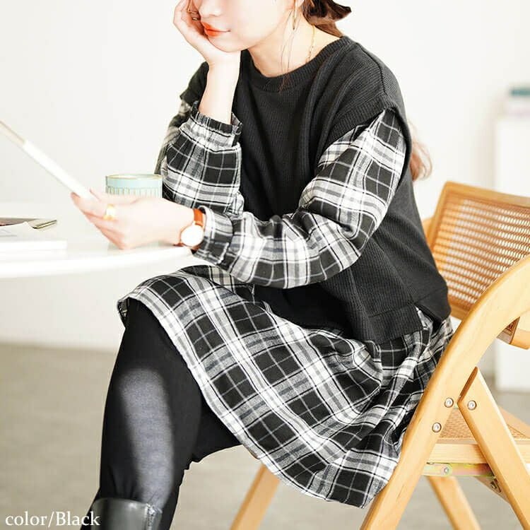大きいサイズ レディース ベスト重ね着風チェック柄チュニック cpdai-647347