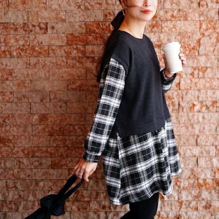 大きいサイズ レディース ベスト重ね着風チェック柄チュニック cpdai-647347