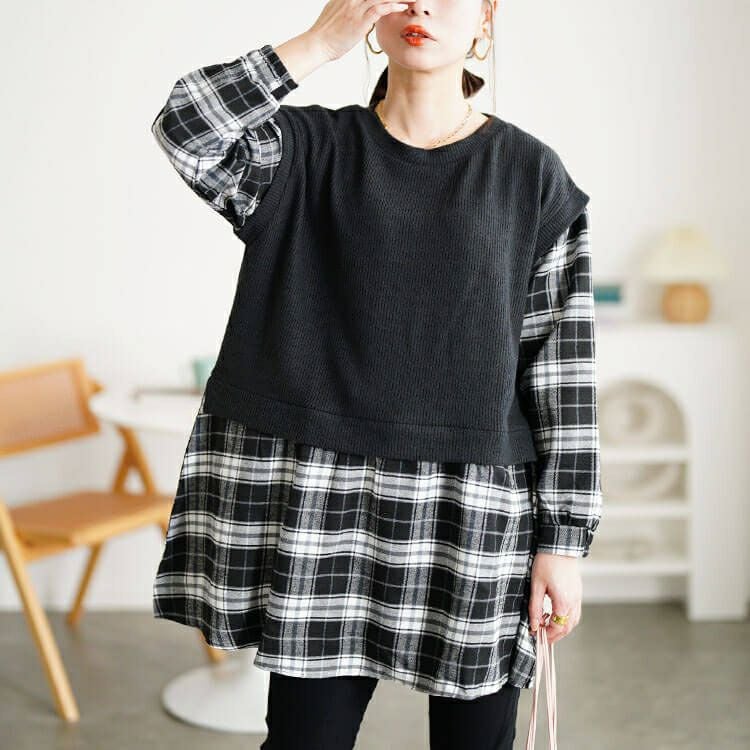 大きいサイズ レディース ベスト重ね着風チェック柄チュニック cpdai-647347