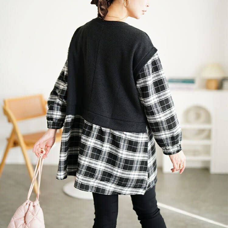 大きいサイズ レディース ベスト重ね着風チェック柄チュニック cpdai-647347