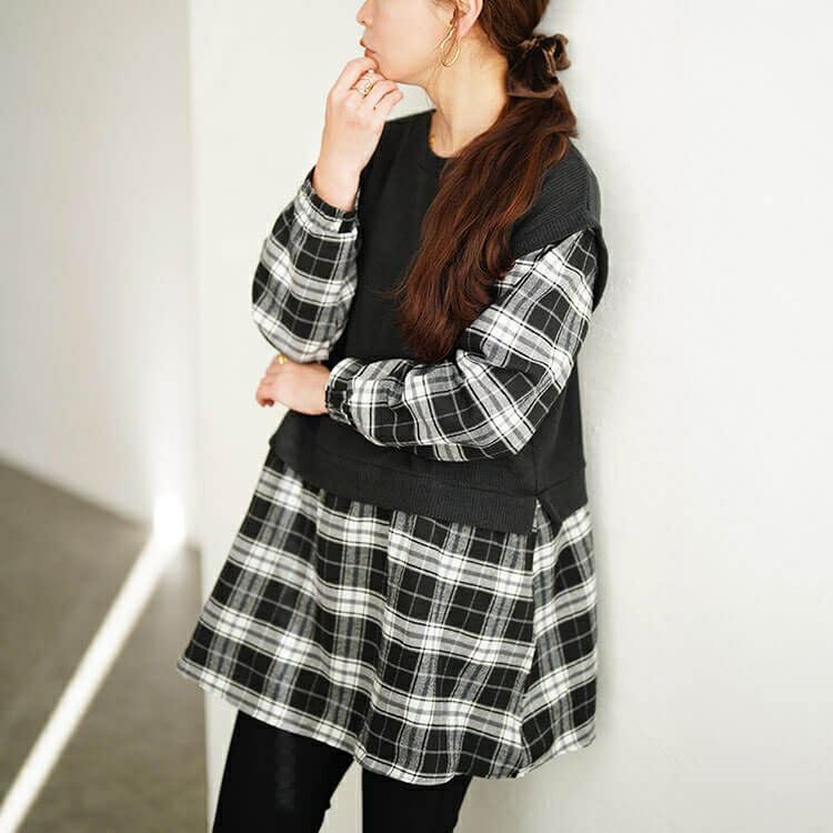 大きいサイズ レディース ベスト重ね着風チェック柄チュニック cpdai-647347