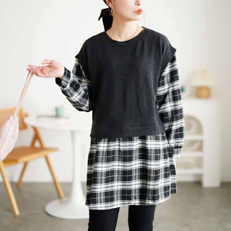 大きいサイズ レディース ベスト重ね着風チェック柄チュニック cpdai-647347