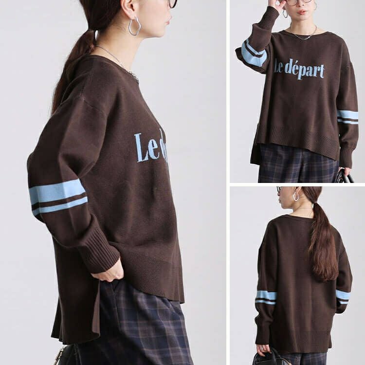 大きいサイズ レディース ロゴ＆ライン配色ジャガードニット cpdai-641612