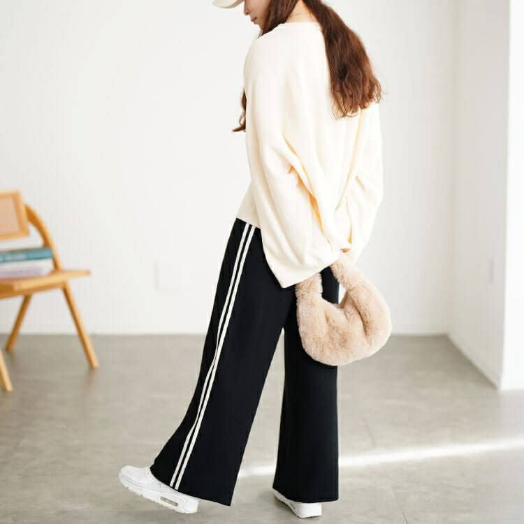 大きいサイズ レディース サイドラインセミワイドニットパンツ cpdai-640937