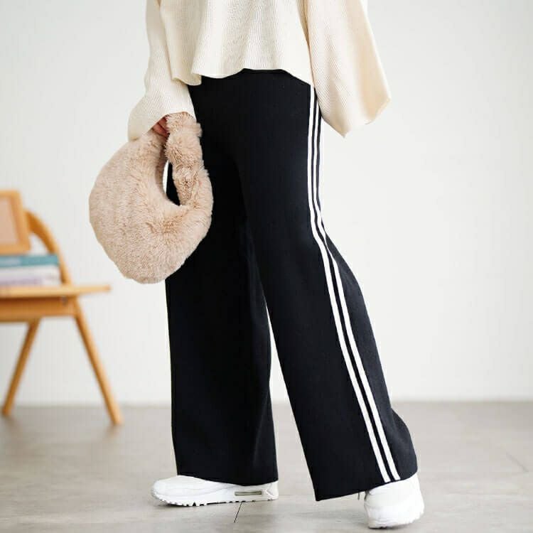 大きいサイズ レディース サイドラインセミワイドニットパンツ cpdai-640937