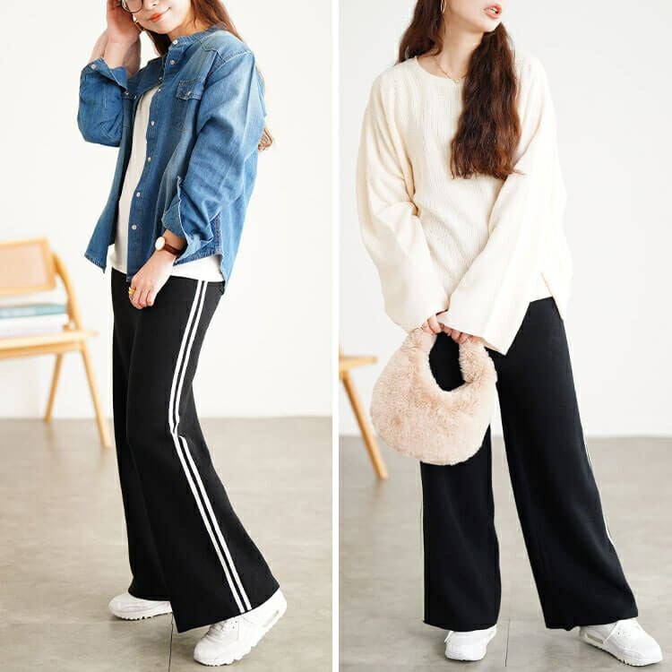 大きいサイズ レディース サイドラインセミワイドニットパンツ cpdai-640937