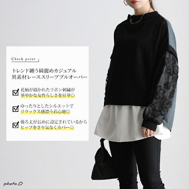大きいサイズ レディース レース袖異素材切り替えプルオーバー maru-30209
