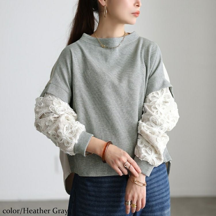 大きいサイズ レディース レース袖異素材切り替えプルオーバー maru-30209