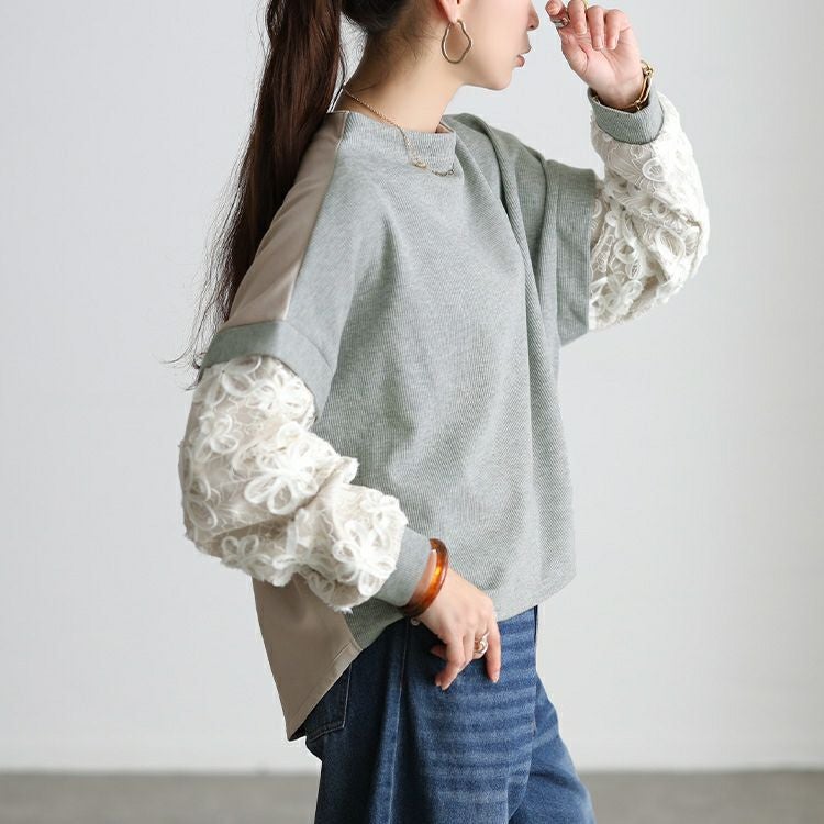 大きいサイズ レディース レース袖異素材切り替えプルオーバー maru-30209