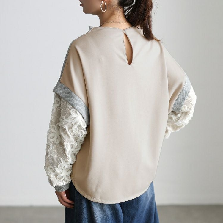 大きいサイズ レディース レース袖異素材切り替えプルオーバー maru-30209