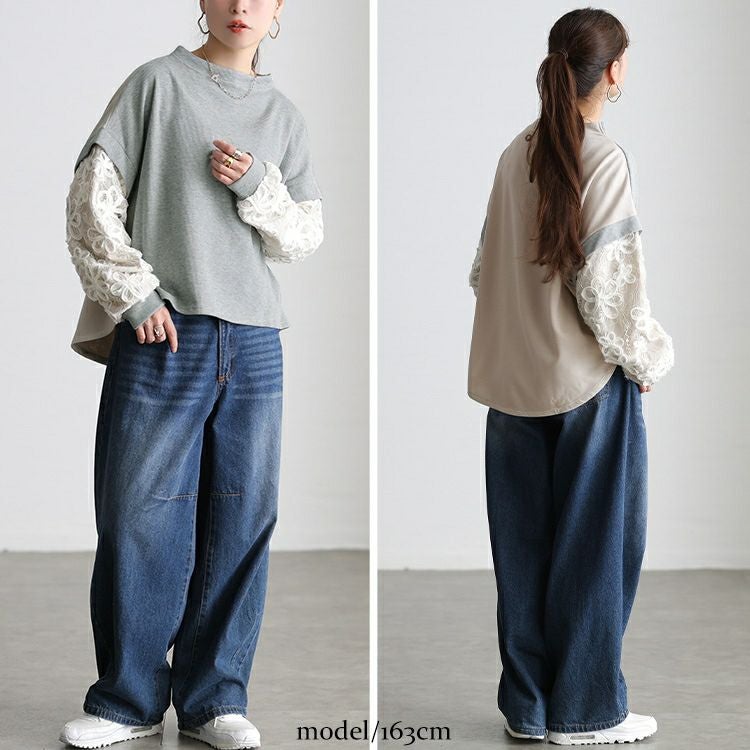 大きいサイズ レディース レース袖異素材切り替えプルオーバー maru-30209