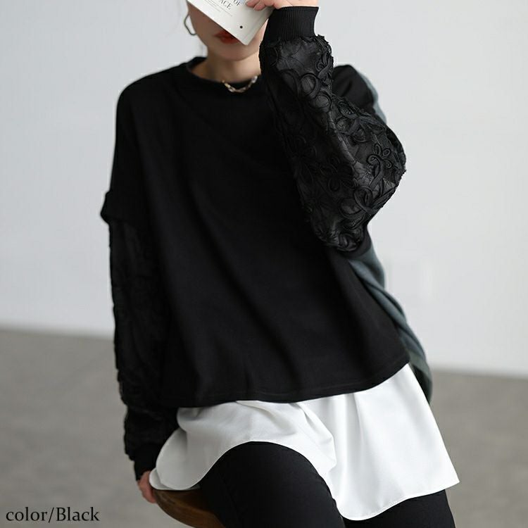 大きいサイズ レディース レース袖異素材切り替えプルオーバー maru-30209