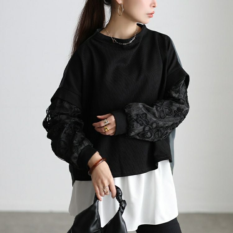 大きいサイズ レディース レース袖異素材切り替えプルオーバー maru-30209