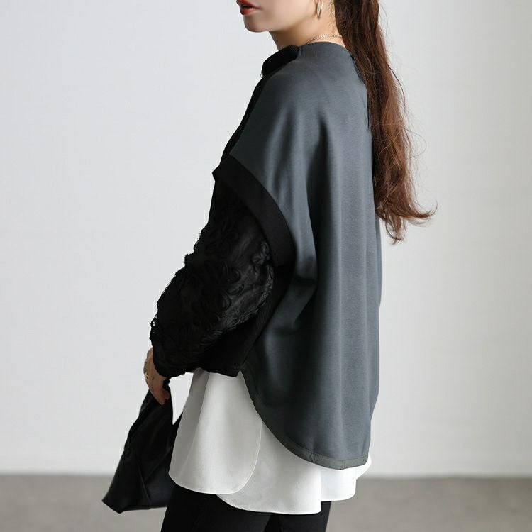 大きいサイズ レディース レース袖異素材切り替えプルオーバー maru-30209