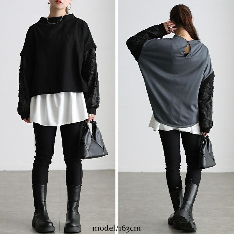 大きいサイズ レディース レース袖異素材切り替えプルオーバー maru-30209