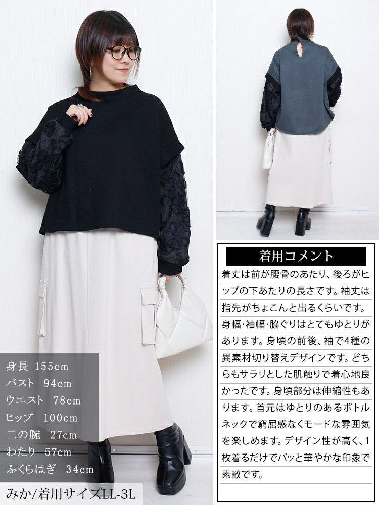 大きいサイズ レディース レース袖異素材切り替えプルオーバー maru-30209