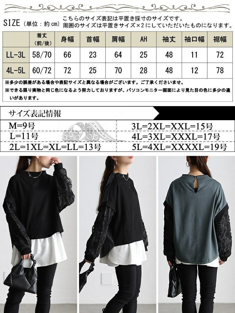 大きいサイズ レディース レース袖異素材切り替えプルオーバー maru-30209