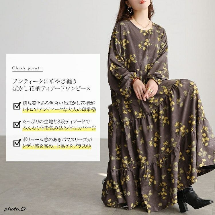 大きいサイズ レディース ぼかし花柄ティアードマキシワンピース maru-30208