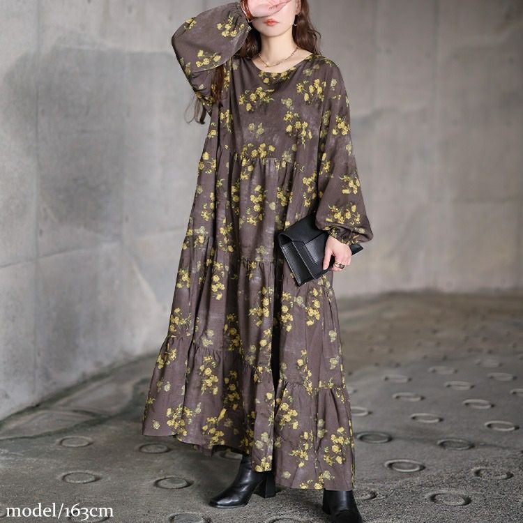 大きいサイズ レディース ぼかし花柄ティアードマキシワンピース maru-30208