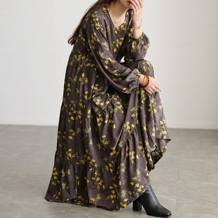 大きいサイズ レディース ぼかし花柄ティアードマキシワンピース maru-30208