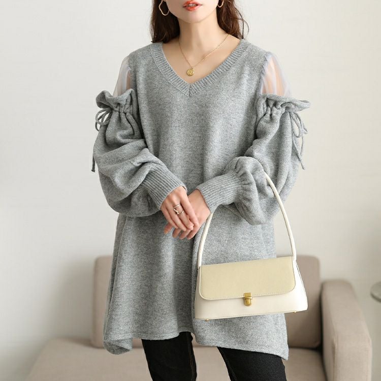 大きいサイズ レディース シアーショルダードロストニットチュニック jp570