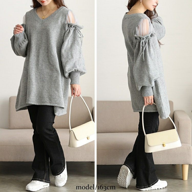 大きいサイズ レディース シアーショルダードロストニットチュニック jp570