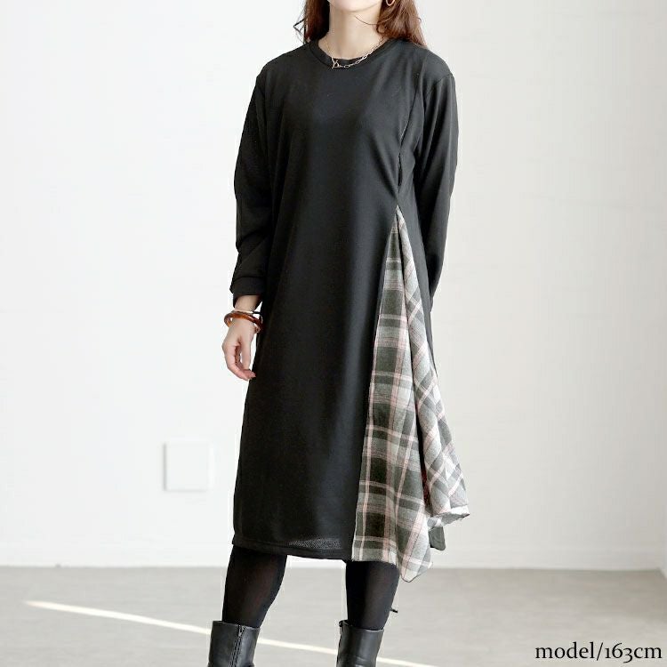 大きいサイズ レディース チェック柄アシメ切り替えワンピース cast-5562006