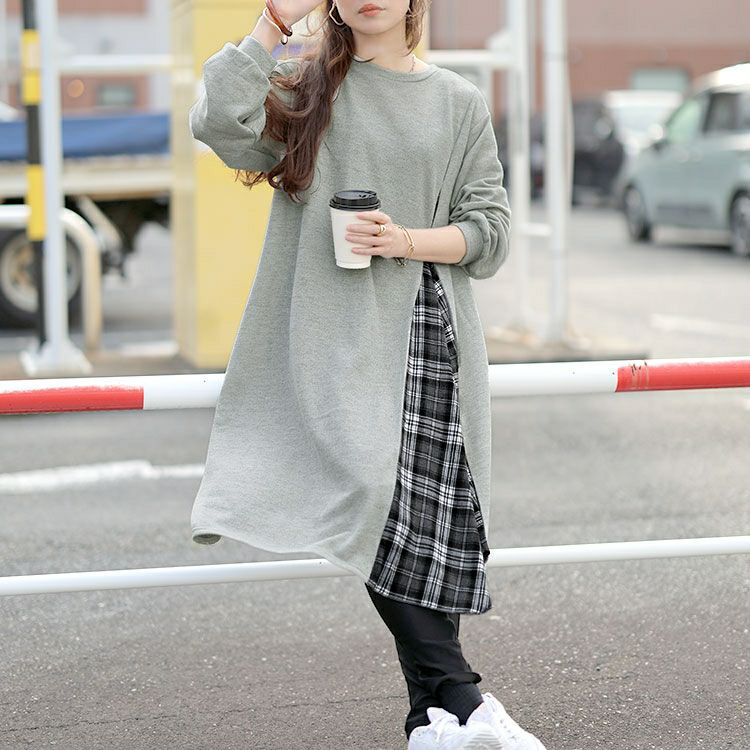 大きいサイズ レディース チェック柄アシメ切り替えワンピース cast-5562006