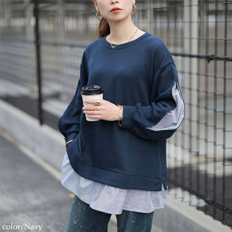 大きいサイズ レディース ストライプ切り替えスリット袖チュニック cast-5562002