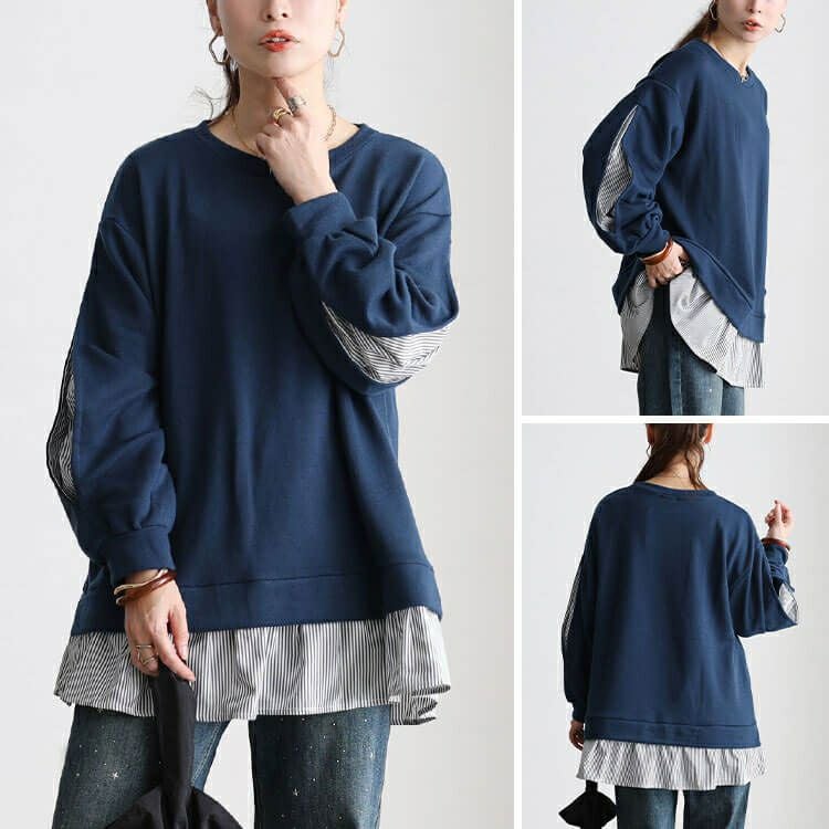 大きいサイズ レディース ストライプ切り替えスリット袖チュニック cast-5562002