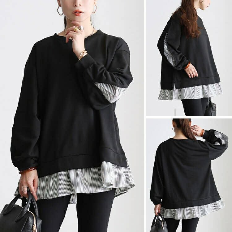 大きいサイズ レディース ストライプ切り替えスリット袖チュニック cast-5562002