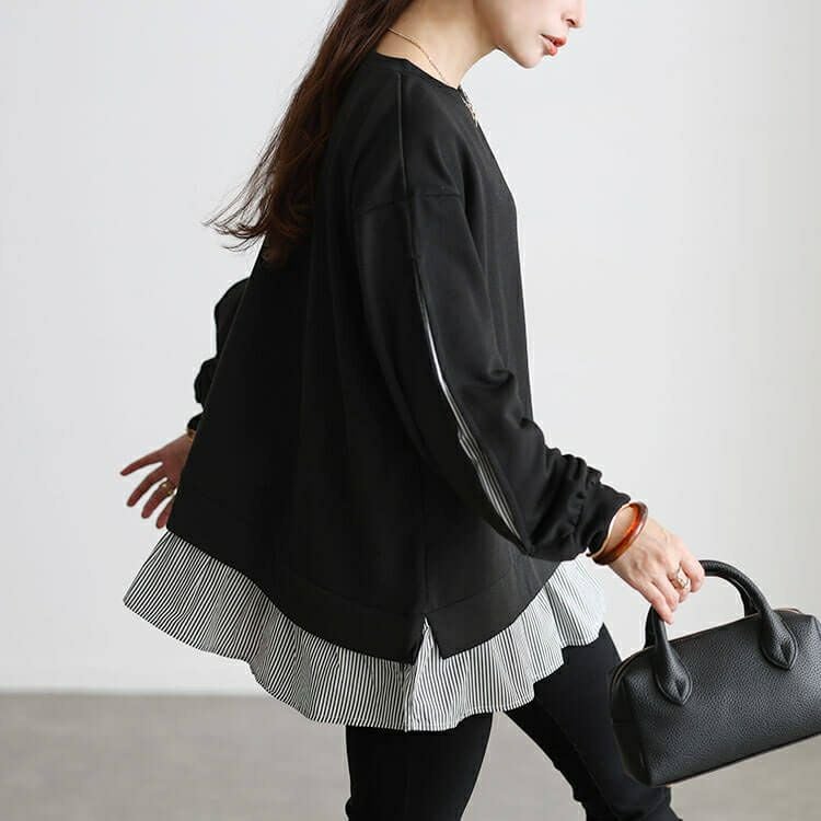 大きいサイズ レディース ストライプ切り替えスリット袖チュニック cast-5562002