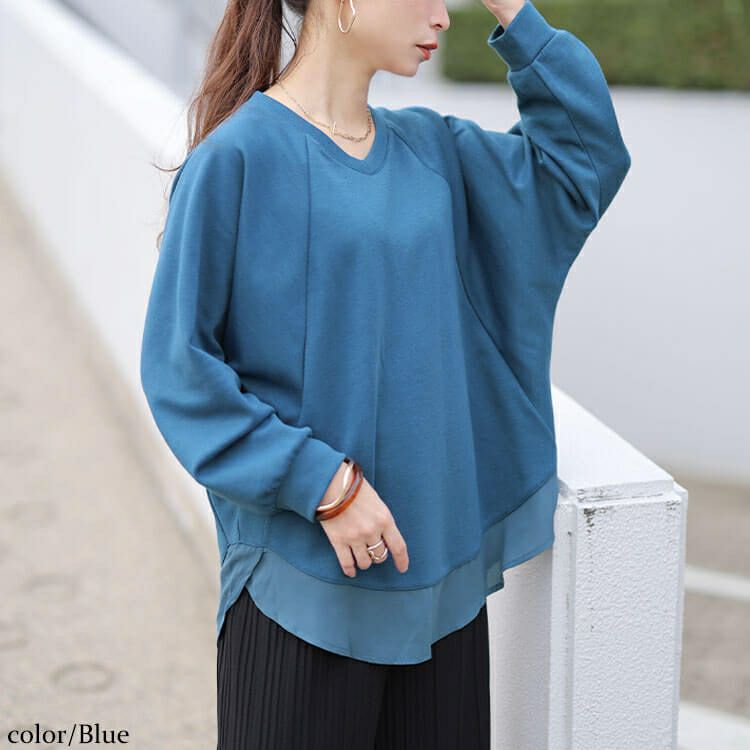 大きいサイズ レディース 裾シフォン切り替えラグランプルオーバー cast-5562001