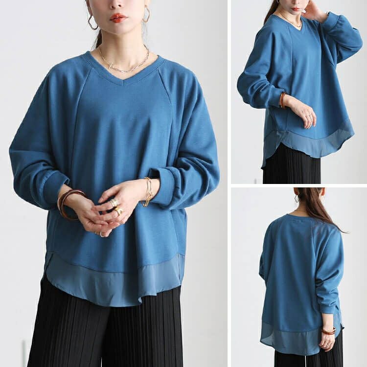 大きいサイズ レディース 裾シフォン切り替えラグランプルオーバー cast-5562001