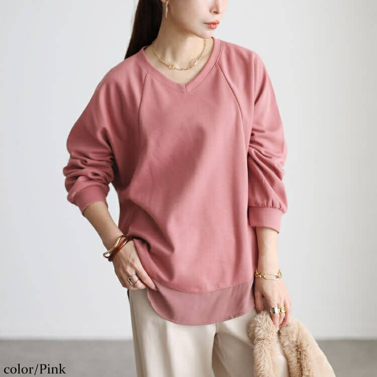 大きいサイズ レディース 裾シフォン切り替えラグランプルオーバー cast-5562001