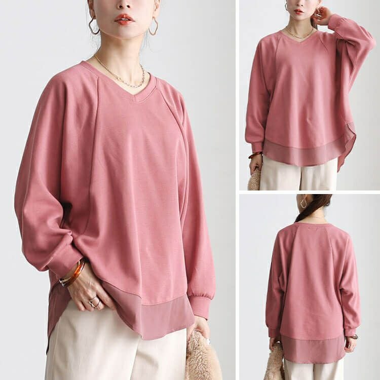 大きいサイズ レディース 裾シフォン切り替えラグランプルオーバー cast-5562001