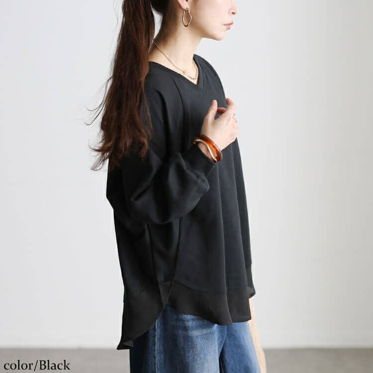 大きいサイズ レディース 裾シフォン切り替えラグランプルオーバー cast-5562001