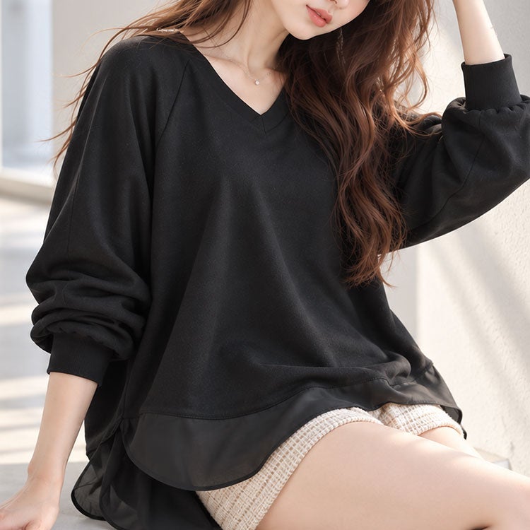 大きいサイズ レディース 裾シフォン切り替えラグランプルオーバー cast-5562001