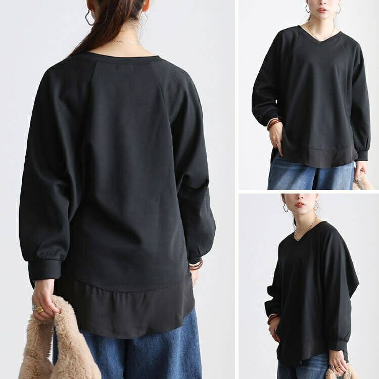 大きいサイズ レディース 裾シフォン切り替えラグランプルオーバー cast-5562001