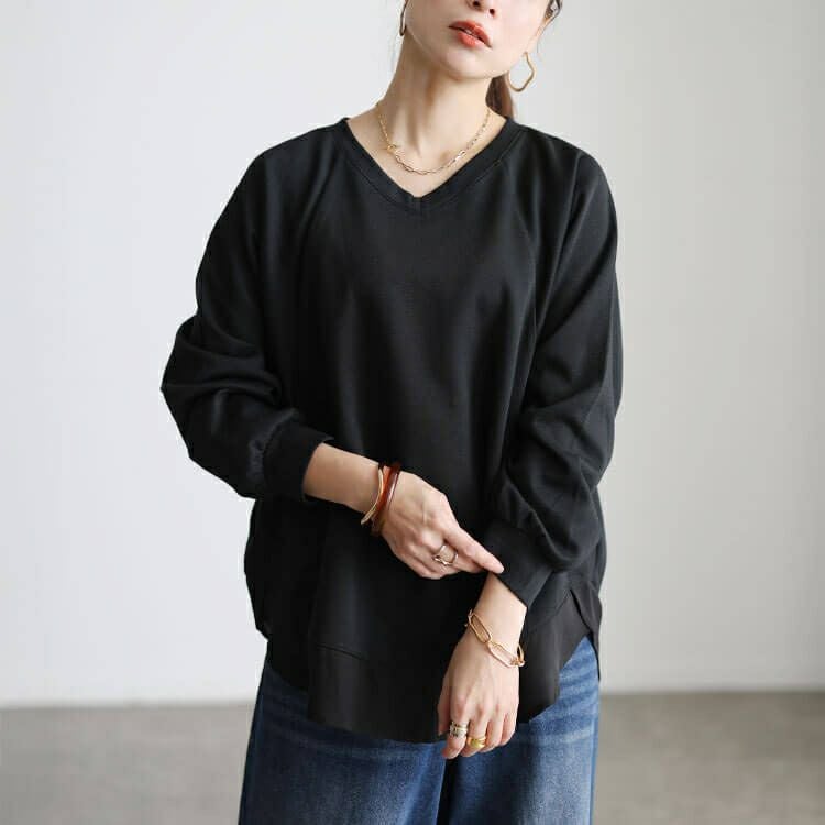 大きいサイズ レディース 裾シフォン切り替えラグランプルオーバー cast-5562001