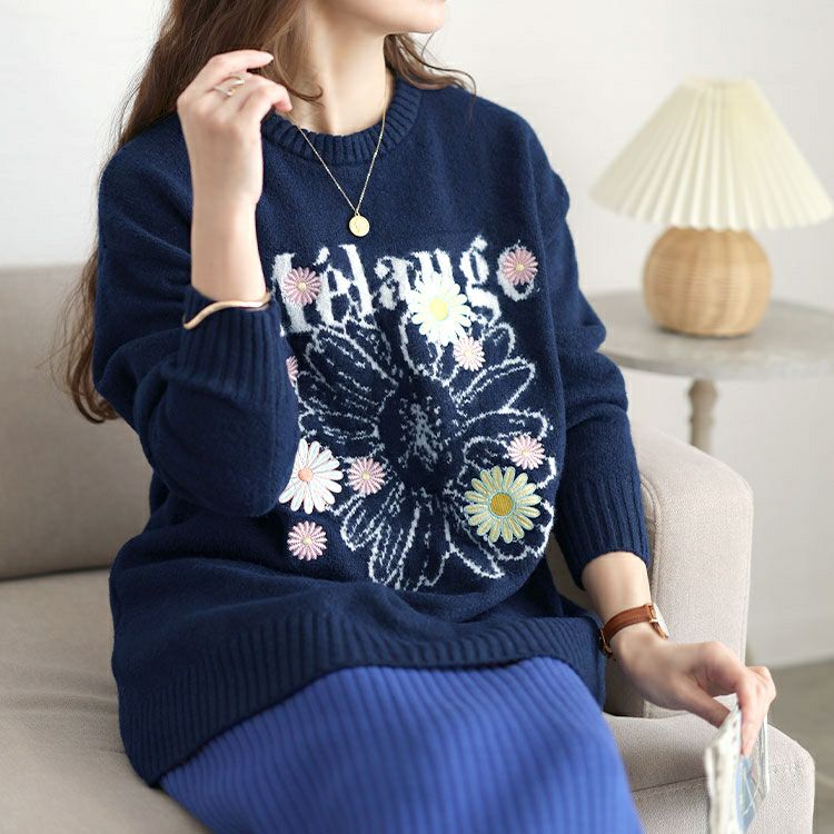 大きいサイズ レディース 花ジャガード＆刺繍ニットチュニック cros