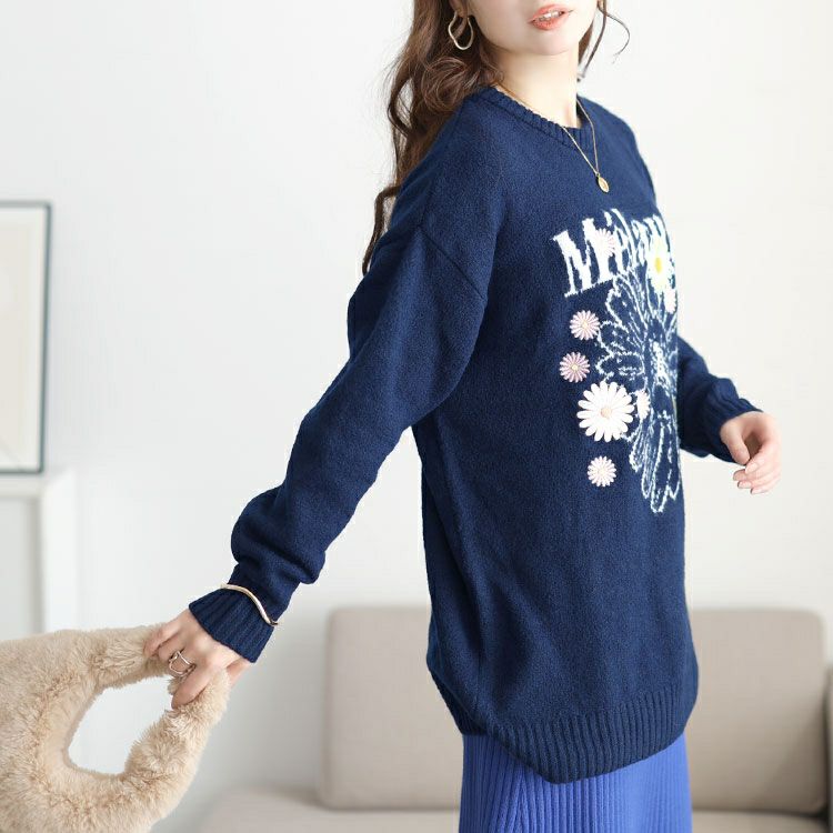 大きいサイズ レディース 花ジャガード＆刺繍ニットチュニック cros-245002