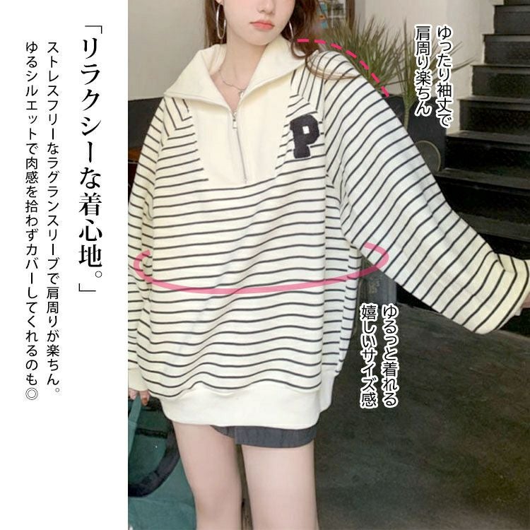 大きいサイズ レディース ハーフジップボーダーロゴニット goldy-1796