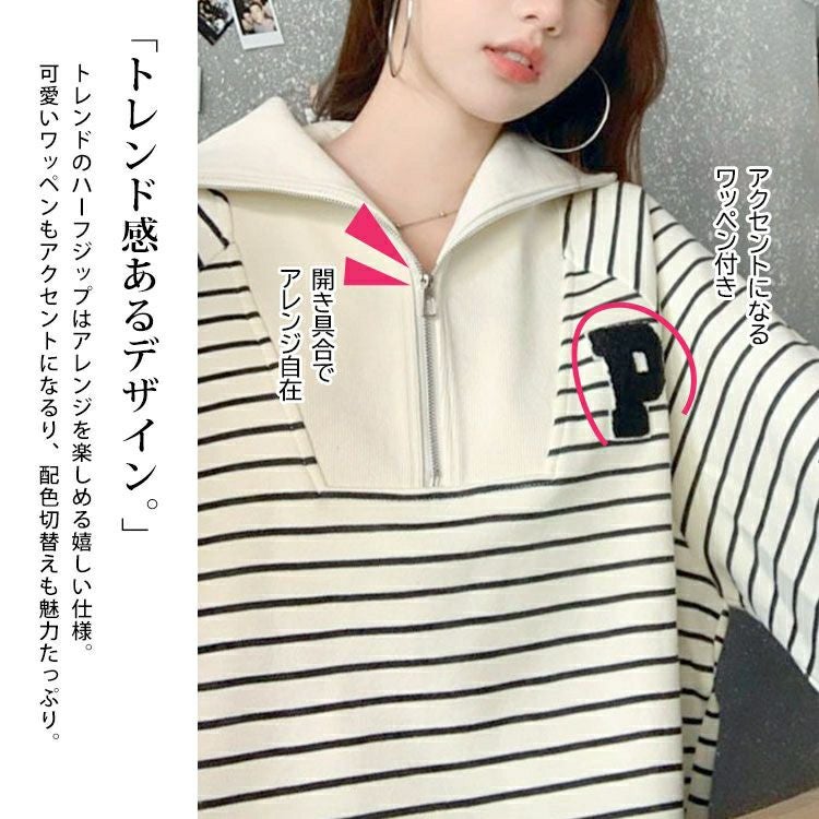大きいサイズ レディース ハーフジップボーダーロゴニット goldy-1796