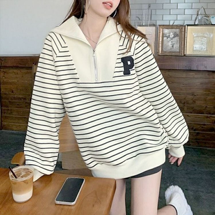 大きいサイズ レディース ハーフジップボーダーロゴニット goldy-1796