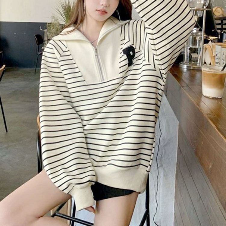 大きいサイズ レディース ハーフジップボーダーロゴニット goldy-1796