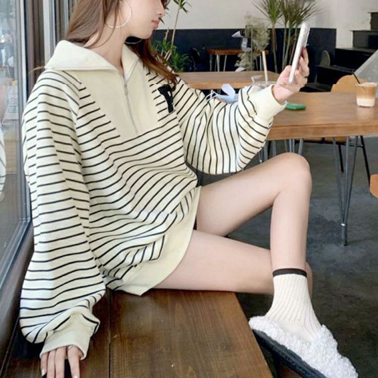 大きいサイズ レディース ハーフジップボーダーロゴニット goldy-1796