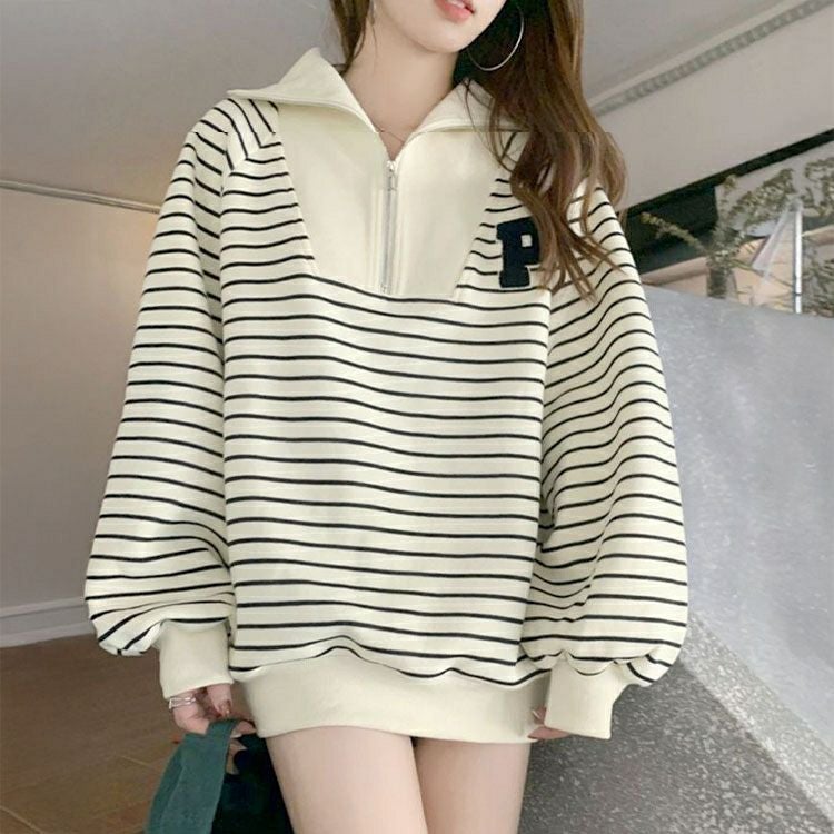 大きいサイズ レディース ハーフジップボーダーロゴニット goldy-1796