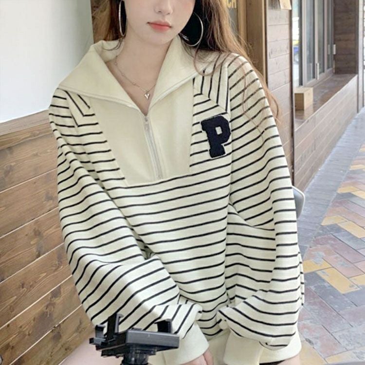 大きいサイズ レディース ハーフジップボーダーロゴニット goldy-1796